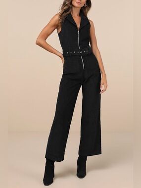 NWT LULUS Energetic Appeal Black Corduroy Sleeveless Belted Jumpsuit Collared M